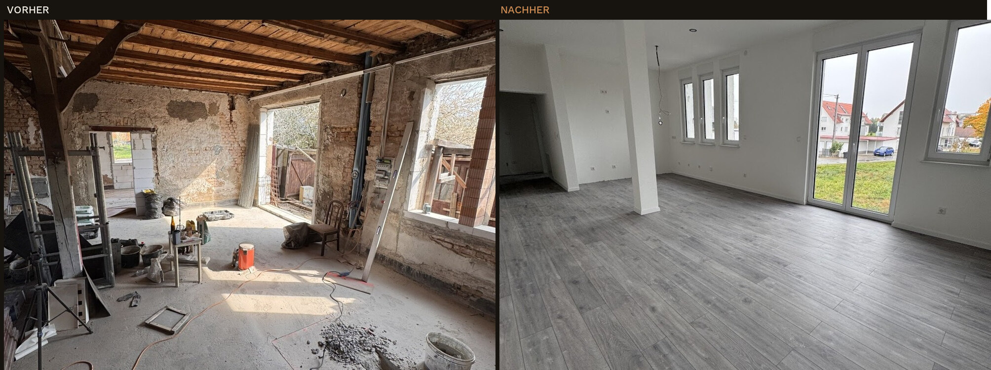 Wohnraum in Hugsweier: links der offene Balkenraum mit Bruchsteinwand, rechts der fertige helle Wohnraum mit Fensterband